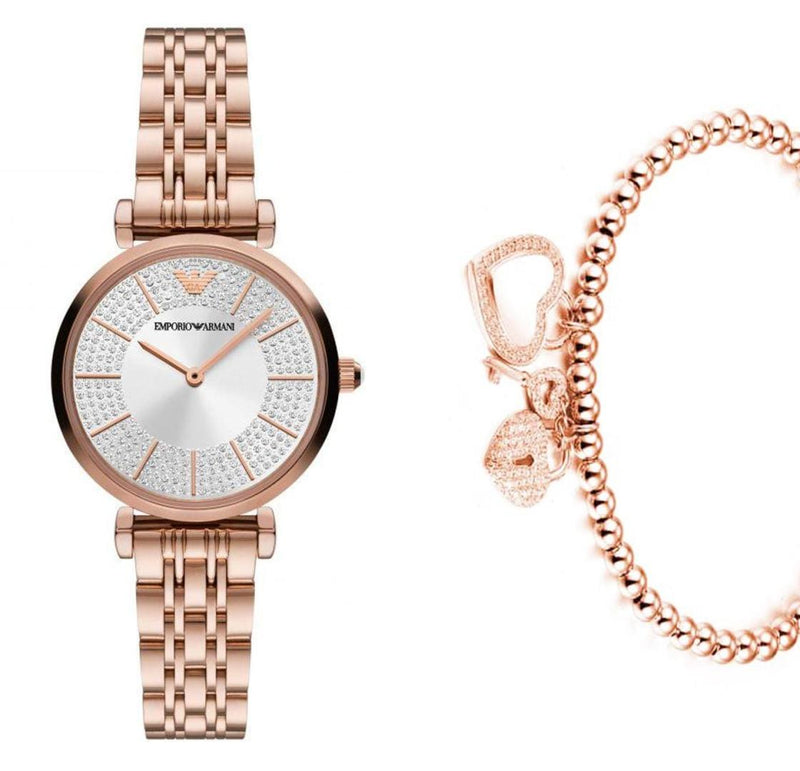 Emporio Armani Gianni T-Bar Crystals Silver Dial Rose Gold Steel Strap Watch For Women - AR11446 Buy Now By Emporio Armani