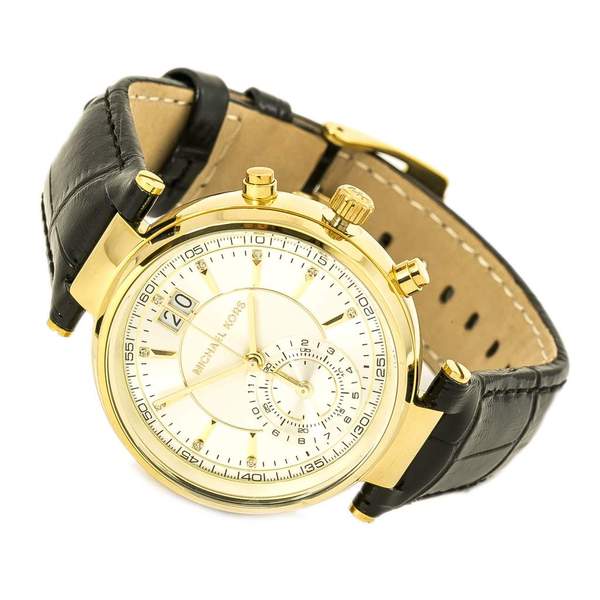 Michael Kors Sawyer Champagne Dial Black Leather Strap Watch for Women - MK2433 Buy Now By Michael Kors