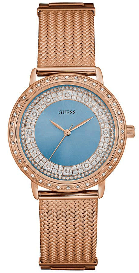 Shop Guess Willow Crystal Blue Dial Rose Gold Mesh Bracelet Watch For Women - W0836L1 in USA