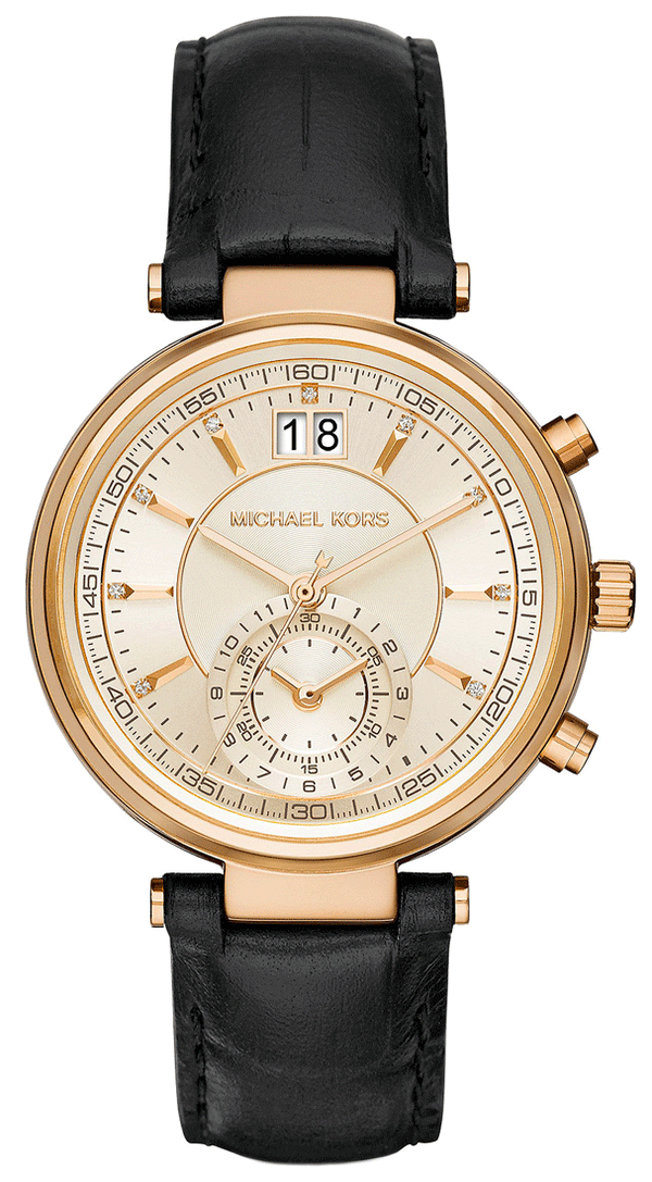 Michael Kors Sawyer Champagne Dial Black Leather Strap Watch for Women - MK2433 Buy Now By Michael Kors