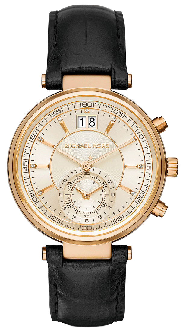Michael Kors Sawyer Champagne Dial Black Leather Strap Watch for Women - MK2433 Buy Now By Michael Kors