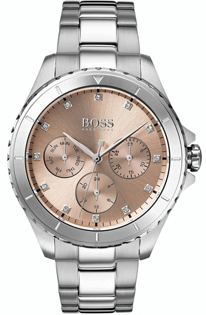 Hugo Boss Premiere Chronorgaph Rose Gold Dial Silver Steel Strap Watch for Women - 1502444