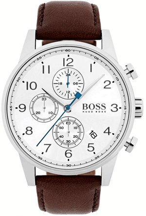 Hugo Boss Navigator Chronograph White Dial Brown Leather Strap Watch for Men - 1513495