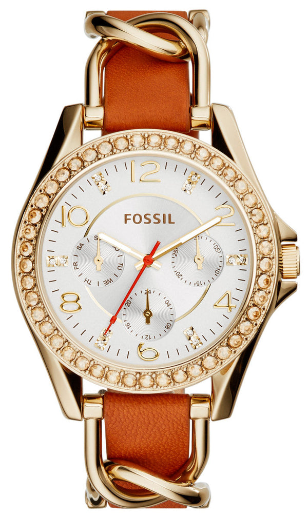 Shop Fossil Riley Multifunction White Dial Orange Leather Strap Watch for Women - ES3723 in USA