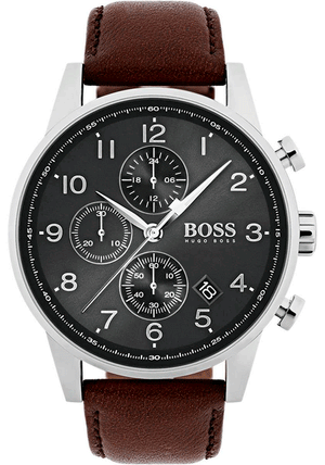 Hugo Boss Navigator Chronograph Grey Dial Brown Leather Strap Watch for Men - 1513494