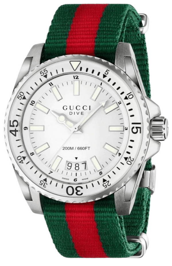 Shop Gucci Dive White Dial Red & Green Nylon Strap Watch For Men - YA136207 in USA