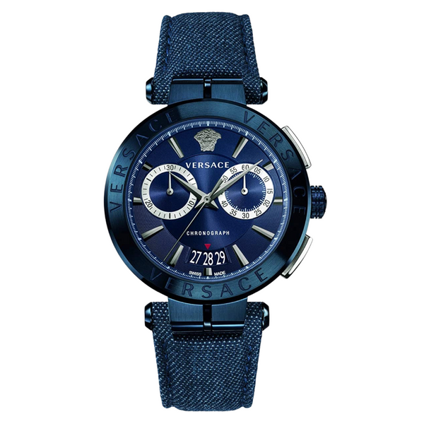 Shop Versace Aion Chronograph Blue Dial Blue Leather Strap Watch for Men - VBR070017 in USA