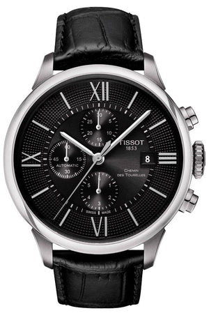 Tissot T Classic Chemin Des Tourelles Chronograph Black Dial Black Leather Strap Watch For Men - T099.427.16.058.00