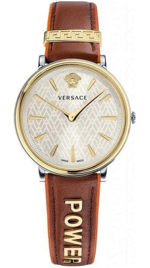Versace V-Circle Silver Dial Brown Leather Strap Watch for Women - VBP03017