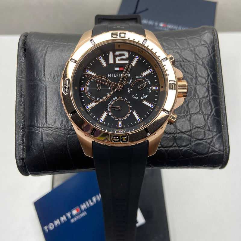 Shop Tommy Hilfiger Sport Multifunction Black Dial Black Rubber Strap Watch for Men - 1791145 in USA