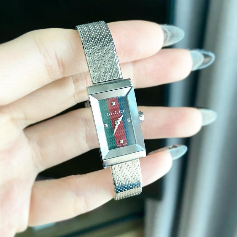 Shop Gucci G Frame Quartz Diamonds Green & Red Mother of Pearl Dial Silver Mesh Bracelet Watch For Women - YA147510 in USA