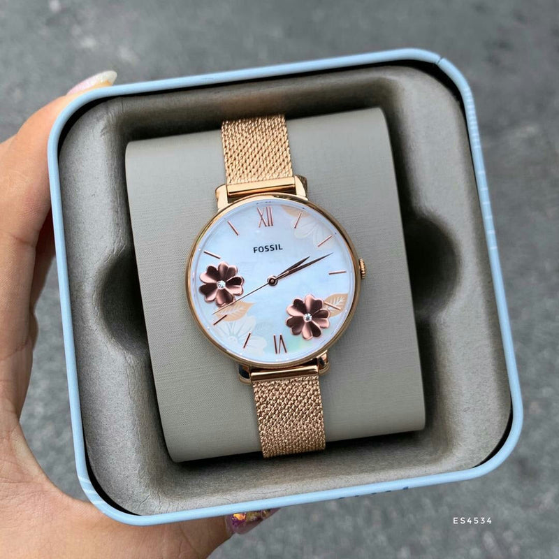 Fossil Jacqueline Three-Hand White Dial Rose Gold Mesh Bracelet Watch for Women - ES4534 Buy Now By Fossil