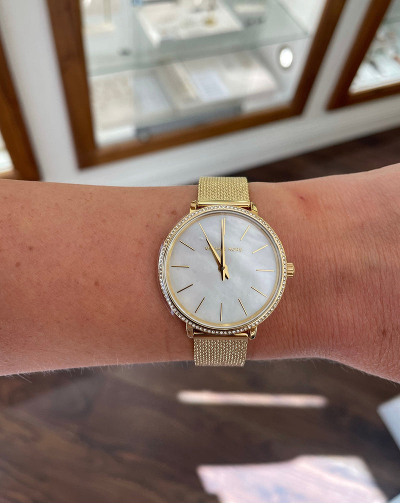 Michael Kors Pyper Quartz Mother of Pearl White Dial Gold Mesh Bracelet Watch For Women - MK4619 Buy Now By Michael Kors