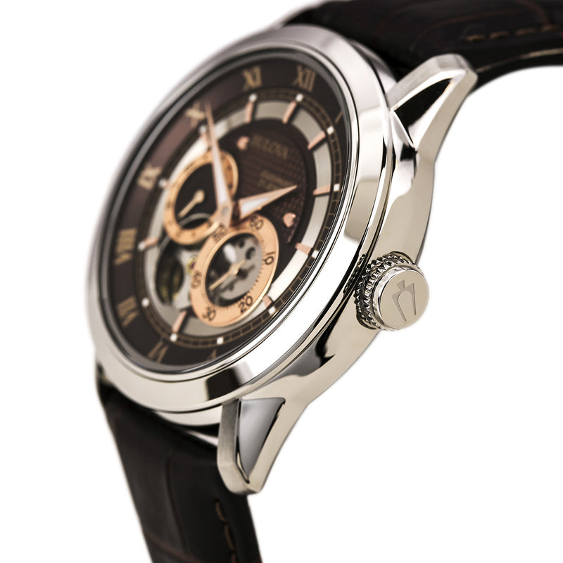 Shop Bulova Classic Skeleton Automatic Brown Dial Brown Leather Strap Watch for Men - 96A120 in USA