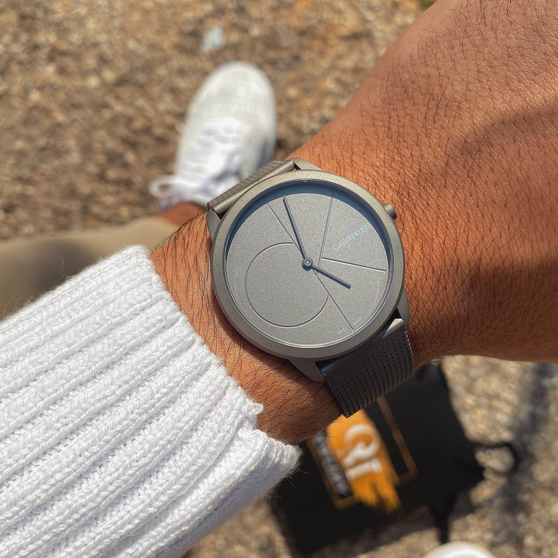 Calvin Klein Minimal Grey Dial Grey Mesh Bracelet Watch for Men - K3M517P4
