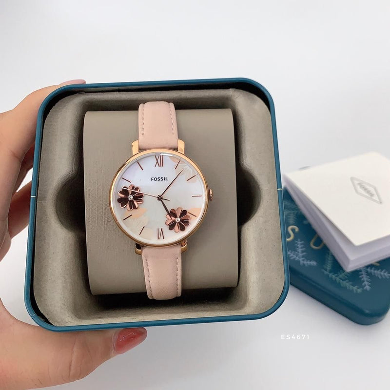 Fossil Jacqueline Three Hand Mother of Pearl Dial Pink Leather Strap Watch for Women - ES4671 Buy Now By Fossil