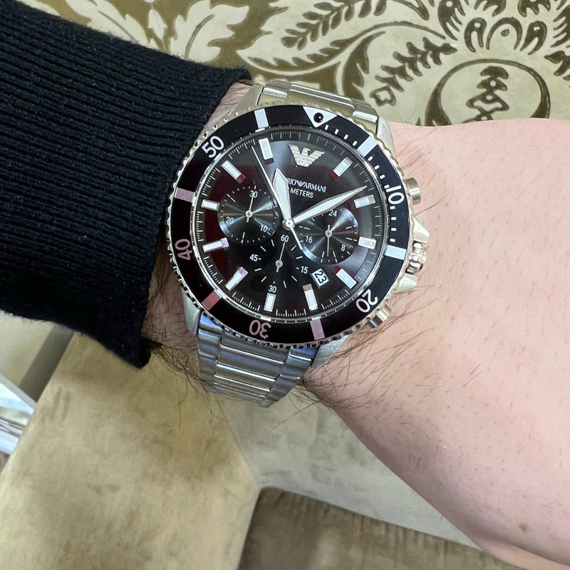 Emporio Armani Diver Chronograph Quartz Black Dial Silver Steel Strap Watch For Men - AR11360 Buy Now By Emporio Armani