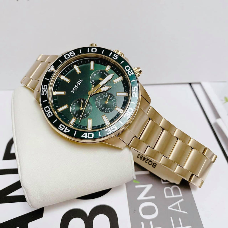 Fossil Bannon Multifunction Chronograph Green Dial Gold Steel Strap Watch for Men - BQ2493 Buy Now By Fossil