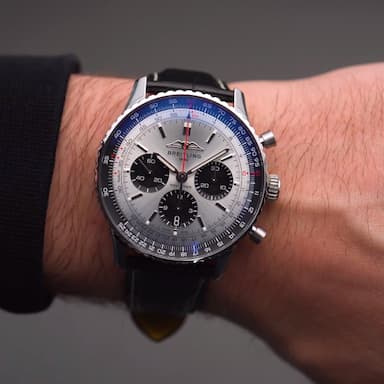 Shop Breitling Navitimer B01 Chronograph 43 Silver Dial Black Leather Strap Watch for Men - AB0138241G1P1 in USA
