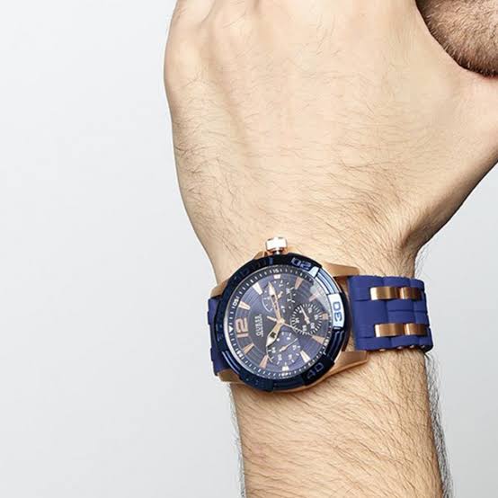 Guess Oasis Blue Dial Blue & Rose Gold Stainless Steel Strap Watch For Men - W0366G4 Buy Now By Guess