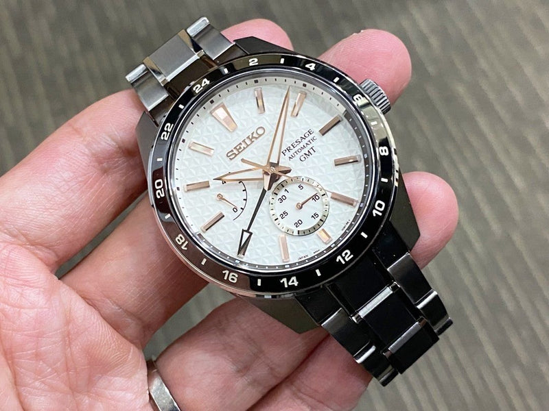 Shop Seiko Presage Sharp Edged Series Automatic GMT Champagne Dial Silver Steel Strap Watch For Men - SPB273J1 in USA