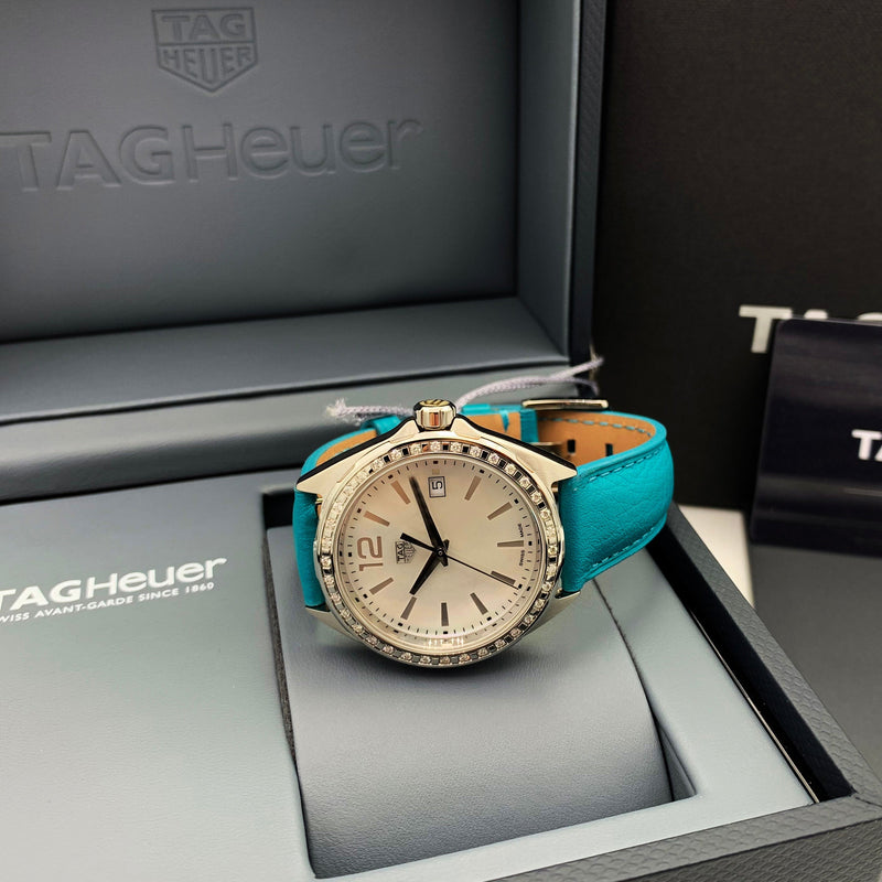 Shop Tag Heuer Formula 1 Quartz Diamonds Mother of Pearl Dial Blue Leather Strap Watch for Women - WBJ131A.FC8256 in USA