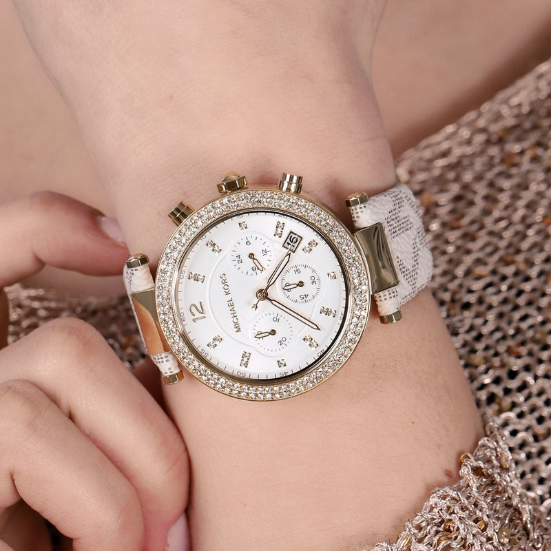 Michael Kors Parker Chronograph White Dial White Leather Strap Watch For Women - MK6916 Buy Now By Michael Kors