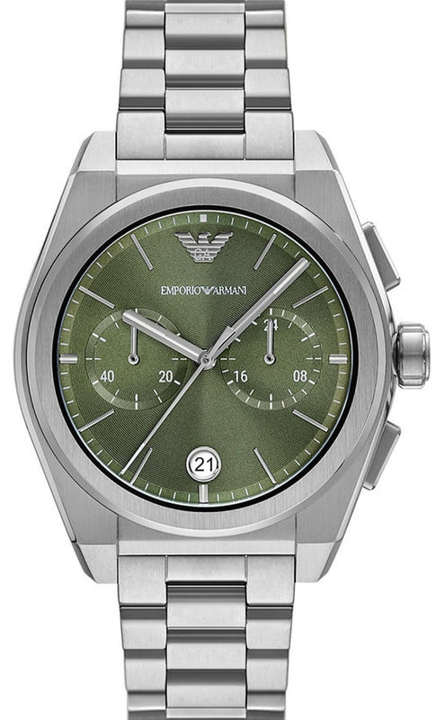 Emporio Armani Federico Chronograph Green Dial Silver Steel Strap Watch for Men - AR11640