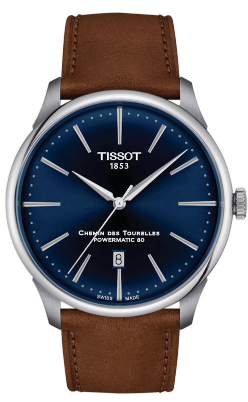Tissot Chemin des Tourelles Automatic Powermatic 80 Blue Dial Brown Leather Strap Watch for Men - T139.407.16.041.00