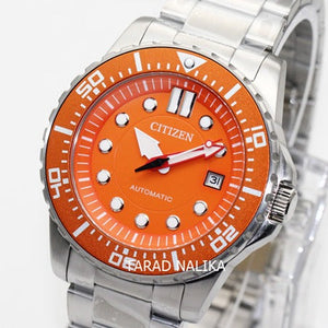 Citizen Mechanical Automatic Orange Dial Silver Steel Strap Watch for Men - NJ0128-80X