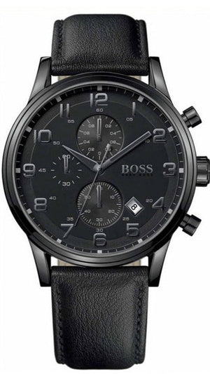 Hugo Boss Aeroliner Chronograph Black Dial Black Leather Strap Watch for Men - 1512567
