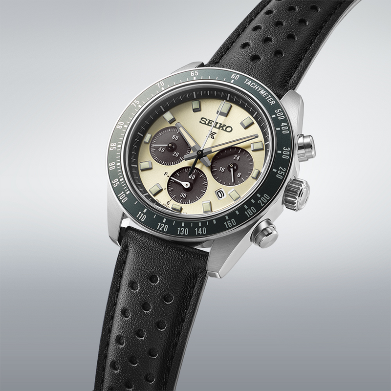 Seiko Prospex Speedtimer Solar Chronograph Ivory Dial Black Leather Strap Watch for Men - SSC943 Buy Now By Seiko