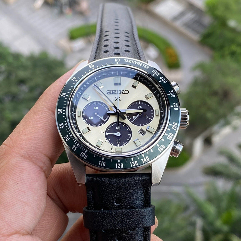 Seiko Prospex Speedtimer Solar Chronograph Ivory Dial Black Leather Strap Watch for Men - SSC943 Buy Now By Seiko
