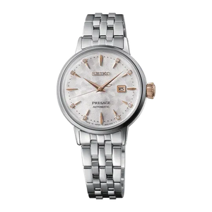 Seiko Presage Cocktail Time Skydiving Automatic Diamonds Mother of Pearl Dial Silver Steel Strap Watch for Women - SRE009J1