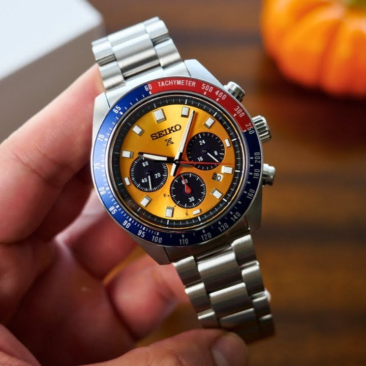 Seiko Prospex Solar Chronograph 1969 Re-interpretation Orange Dial Silver Steel Strap Watch for Men - SSC947 Buy Now By Seiko
