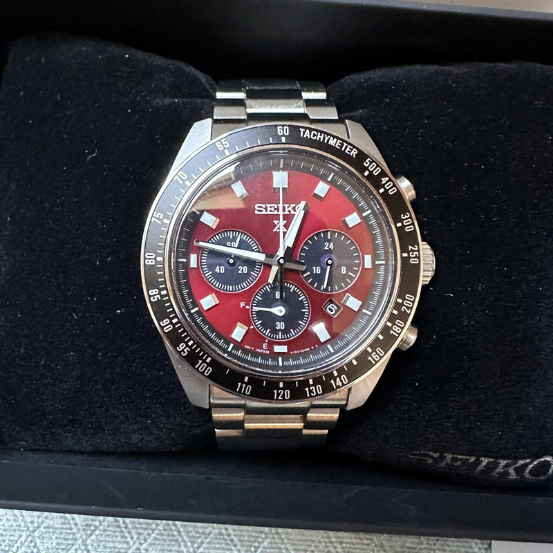 Seiko Prospex US Special Edition Speedtimer Solar Chronograph Red Dial Silver Steel Strap Watch for Men - SSC927 Buy Now By Seiko