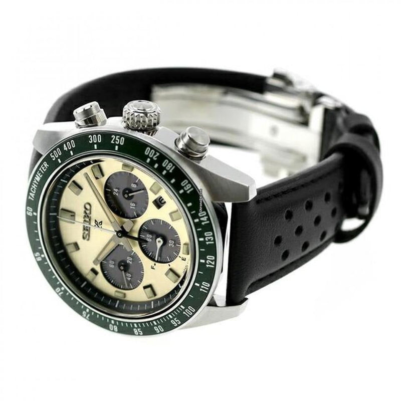 Seiko Prospex Speedtimer Solar Chronograph Ivory Dial Black Leather Strap Watch for Men - SSC943 Buy Now By Seiko