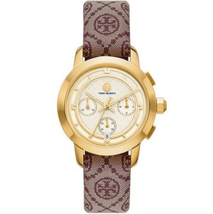 Tory Burch The Tory Chronograph White Dial Maroon Jacquard Strap Watch for Women - TBW1051