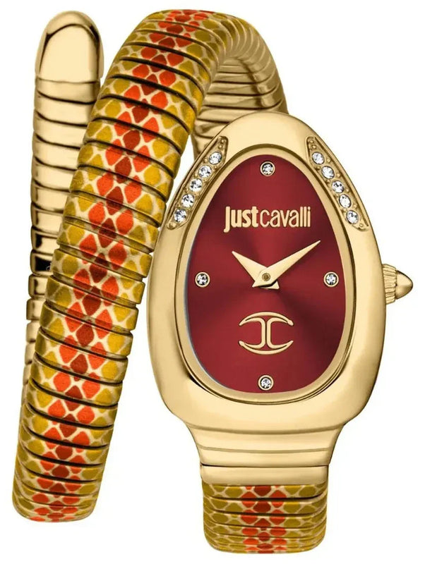 Just Cavalli Pelle Solo Snake Red Dial Three Tone Steel Strap Watch for Women - JC1L251M0045
