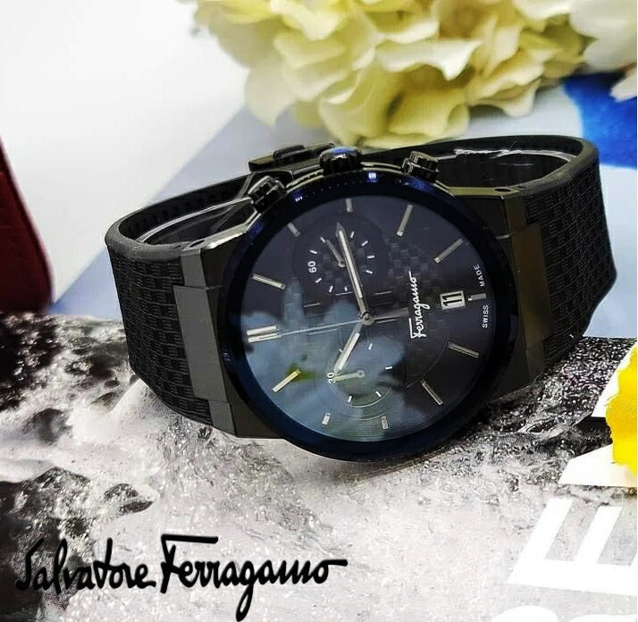 Shop Salvatore Ferragamo Sapphire Chrono Black Dial Black Rubber Strap Watch for Men - SFME00621 in USA