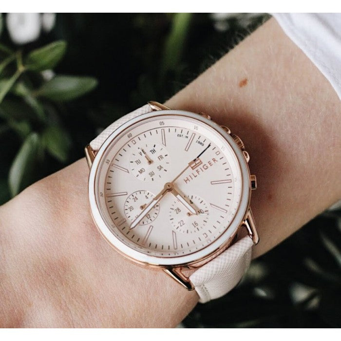 Shop Tommy Hilfiger Carly Cream Dial Cream Leather Strap Watch for Women -1781789 in USA
