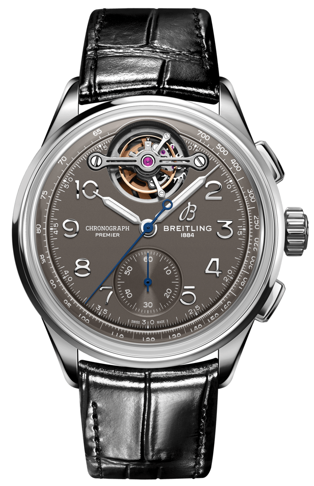 Breitling Premier B21 Chronograph Tourbillion 42 Gaston Breitling Grey Dial Black Leather Strap Watch for Men - JB2120A61B1P1