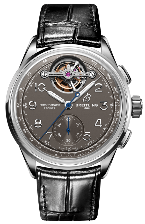 Breitling Premier B21 Chronograph Tourbillion 42 Gaston Breitling Grey Dial Black Leather Strap Watch for Men - JB2120A61B1P1