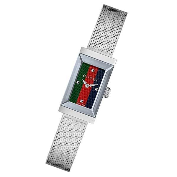 Shop Gucci G Frame Quartz Diamonds Green & Red Mother of Pearl Dial Silver Mesh Bracelet Watch For Women - YA147510 in USA