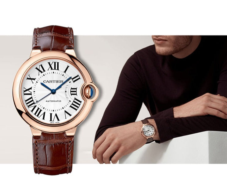Cartier Ballon Bleu de Cartier Silver Dial Brown Leather Strap Watch for Men - WGBB0030