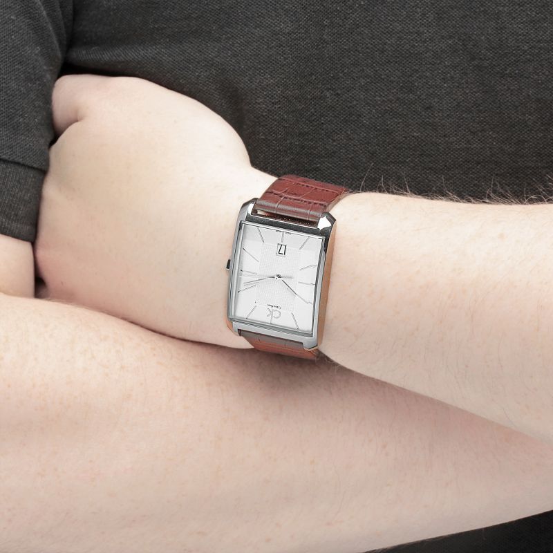 Shop Calvin Klein Window Silver Dial Brown Leather Strap Watch for Men - K2M21126 in USA