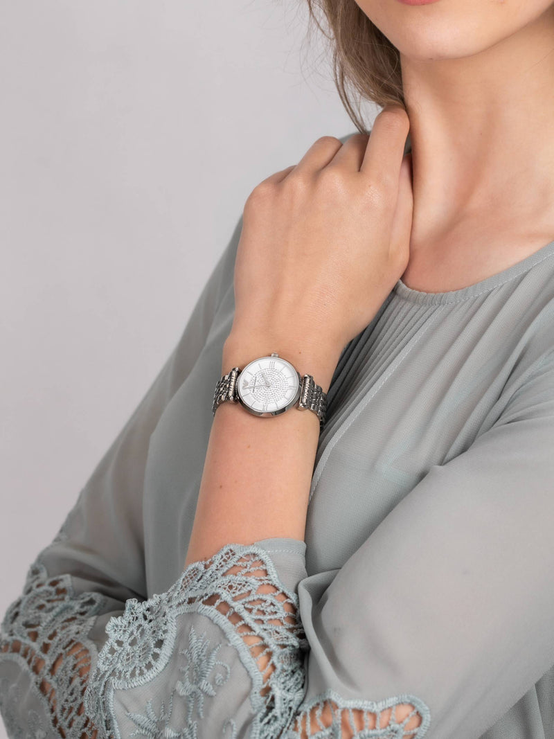 Emporio Armani Gianni T Bar White Crystal Pave Dial Silver Stainless Steel Strap Watch For Women - AR1925 Buy Now By Emporio Armani