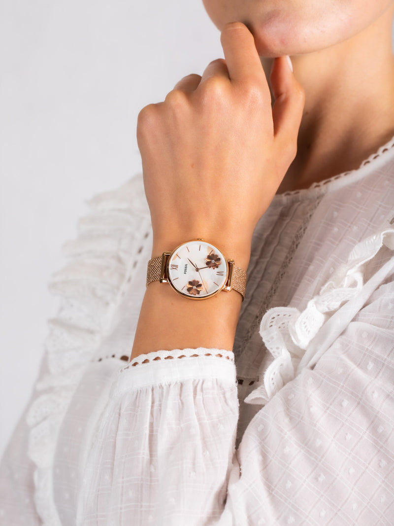 Fossil Jacqueline Three-Hand White Dial Rose Gold Mesh Bracelet Watch for Women - ES4534 Buy Now By Fossil