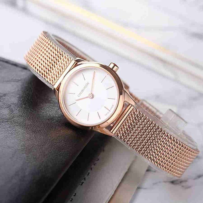 Calvin Klein Minimal White Dial Rose Gold Mesh Bracelet Watch for Women - K3M23626