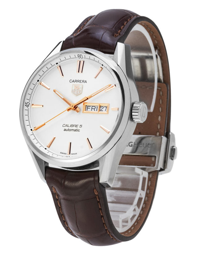 Tag Heuer Carrera Calibre 5 Automatic White Dial Brown Leather Strap Watch for Men - WAR201D.FC6291 Buy Now By Tag Heuer